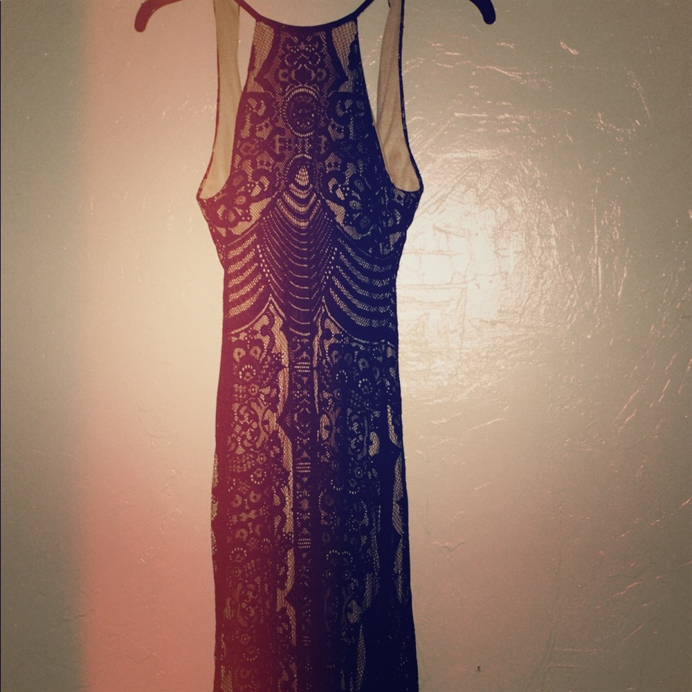 Long Black and Nude Lace High Neck Dress